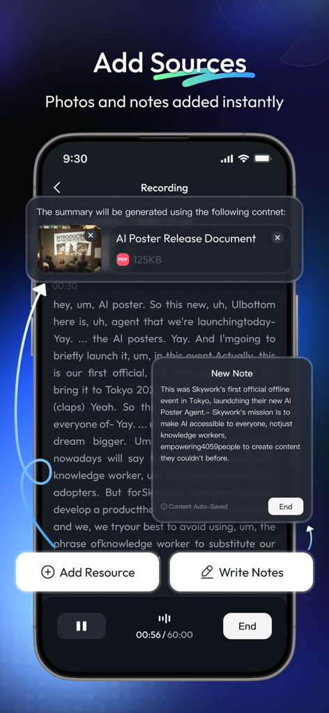 Interface of the Skywork app showing a voice recording session with options to add photos and written notes for AI summaries.