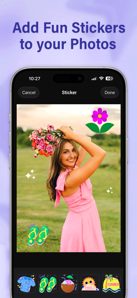 Gallery Vault - Hide Photos - Interface of the Gallery Vault app showing a photo editing screen where a user adds fun stickers like flowers and flip-flops to a picture.
