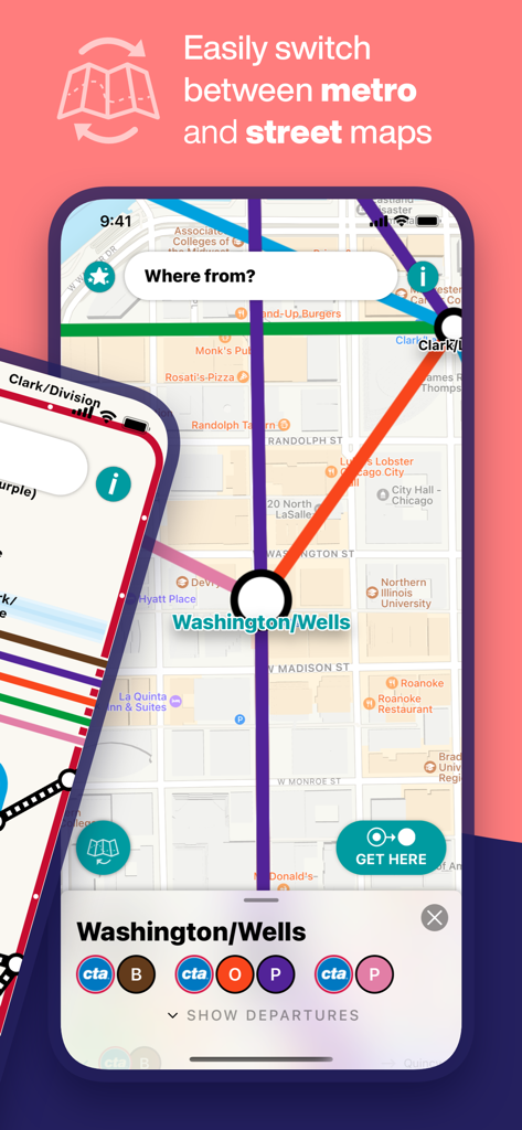 Chicago L Metro Map - Interface of the Chicago L Metro Map app showing metro lines overlaid on a detailed street map of Chicago