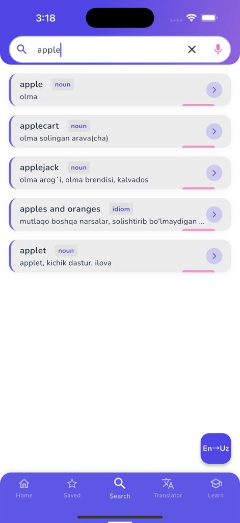 English Uzbek Dictionary app showing search results for the word apple with translations and parts of speech.
