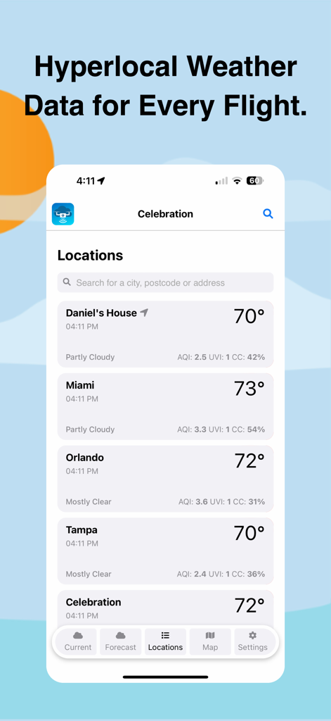 A mobile application screen showing a list of saved flight locations with current weather conditions and temperatures for drone pilots.