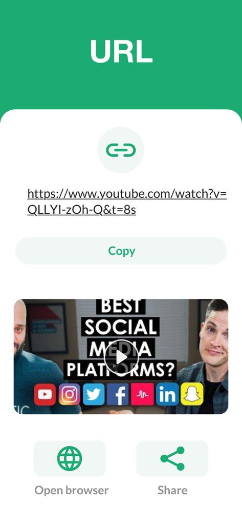 Mobile app interface showing a scanned YouTube URL with video preview and options to copy or open in browser