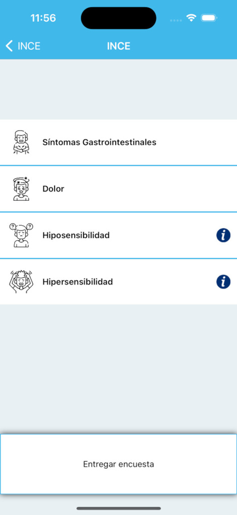 INCE - Pantalla de la aplicación INCE que muestra las categorías de evaluación para síntomas gastrointestinales, dolor, hiposensibilidad e hipersensibilidad con un botón de envío de encuesta.