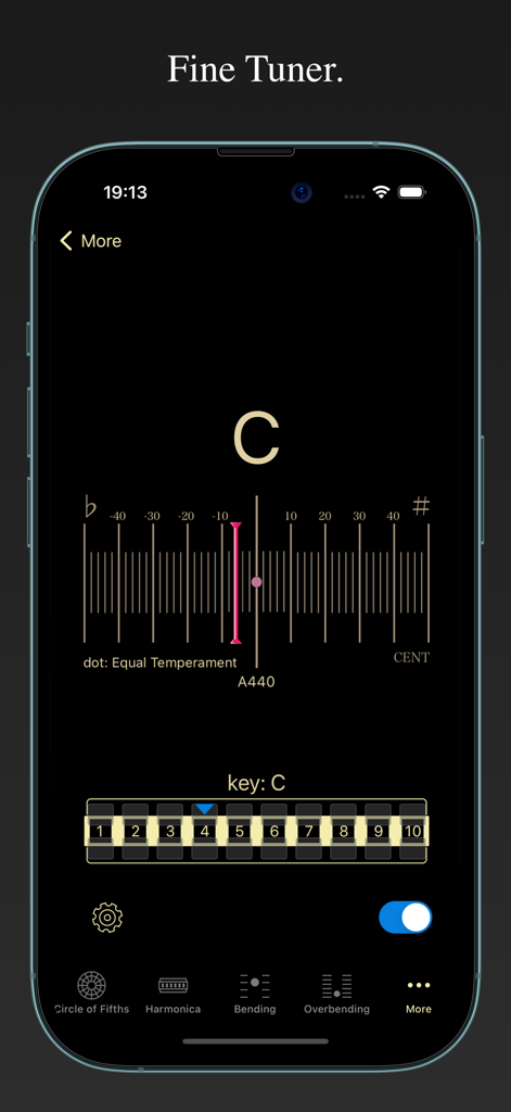Fine tuner screen in the Harmonica Bending Trainer app showing the pitch and temperament for a 10 hole diatonic harmonica.