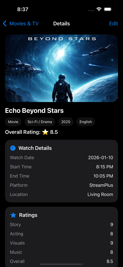 Movies Watch Logger - Details screen of the Movies Watch Logger app showing viewing history and category ratings for a science fiction movie