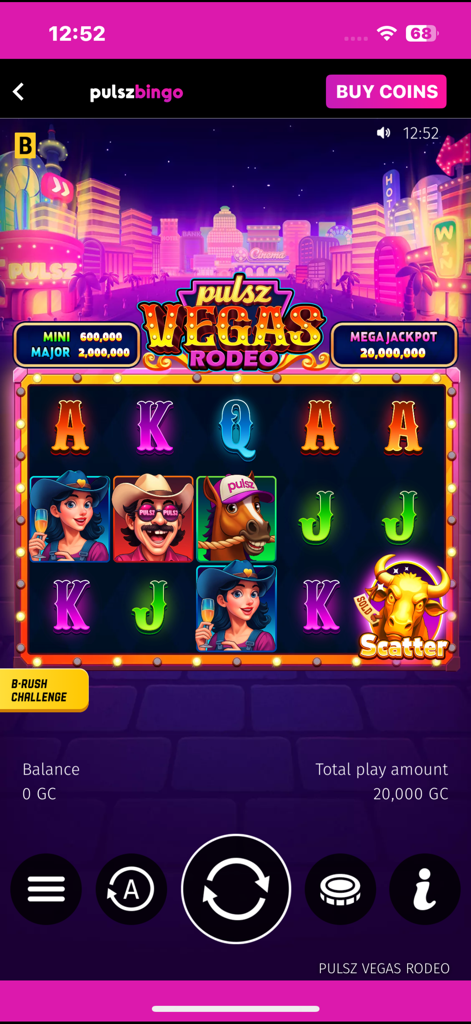 Pulsz Bingo: Bingo Games - Pulsz Vegas Rodeo slot machine game screen featuring western themed characters and jackpot prizes