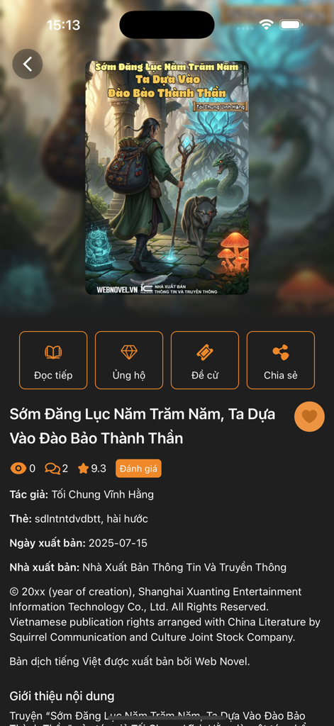Webnovel.vn – Truyện & Sách - Pantalla de detalles del libro en la aplicación de lectura vietnamita Webnovel.vn que muestra la portada de una novela y las opciones de lectura.