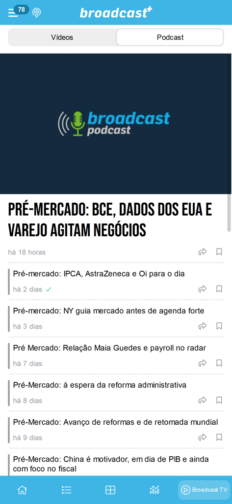 Broadcast+ - Interfaccia dell'app Broadcast plus che mostra un elenco di podcast finanziari e aggiornamenti sulle notizie pre-mercato