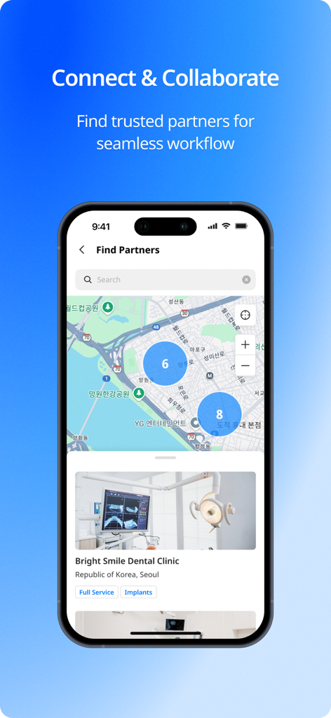 MEDIT M - Medit M app screen showing the Find Partners map interface to connect dental clinics and labs