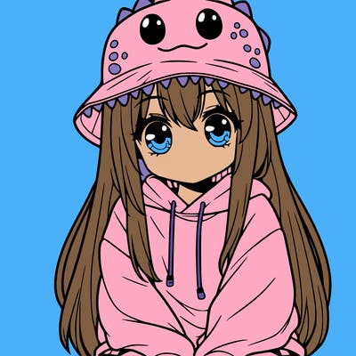 girl with anime shaped eyes with a dinosaur bucket hat oversized sweatshirt long straight hair