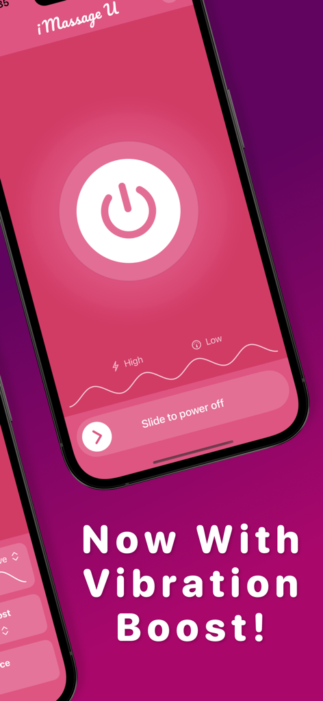Interface de l'application iMassage U sur un iPhone mettant en évidence le bouton d'alimentation et la nouvelle fonction de boost de vibration.