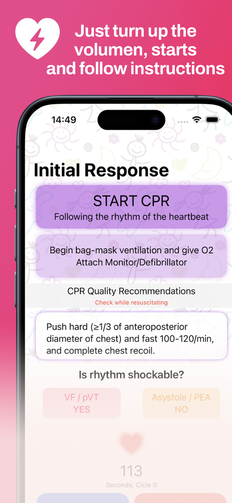 CPR Life Support:  Life Saver - Initial response screen of the CPR Life Support app showing step-by-step emergency instructions and a compression timer.