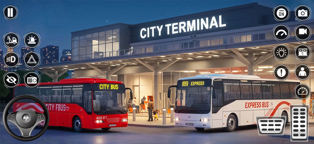 US Bus Simulator Coach Games - Autocares rojos y blancos estacionados en una estación terminal de la ciudad por la noche.