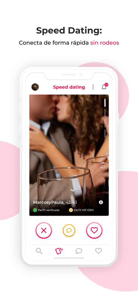 iSwinger app speed dating screen showing a verified couple profile with swiping options.