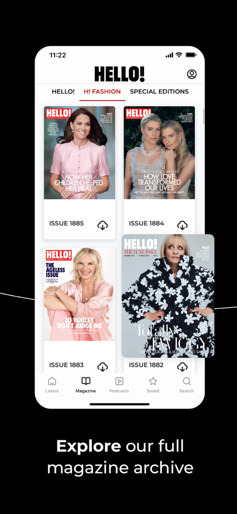 Interface of the HELLO! Magazine UK app showing a digital archive of magazine issues with royal and fashion covers.