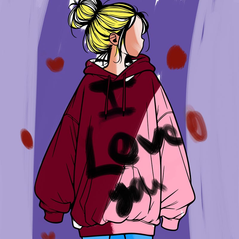 realistic girl with a oversized sweatshirt on and a bun