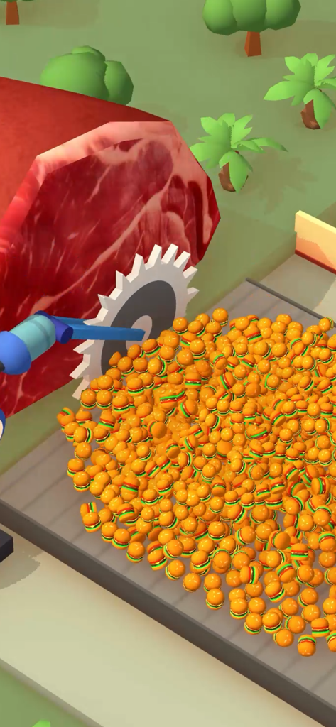 Trancheuse géante de viande coupée en une pile de burgers dans Burger Please