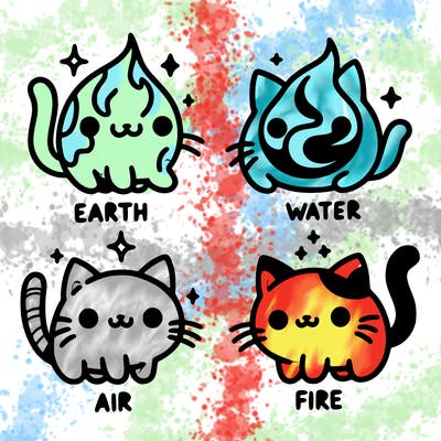 4 cats that represent the different elements, earth, water, air, and fire