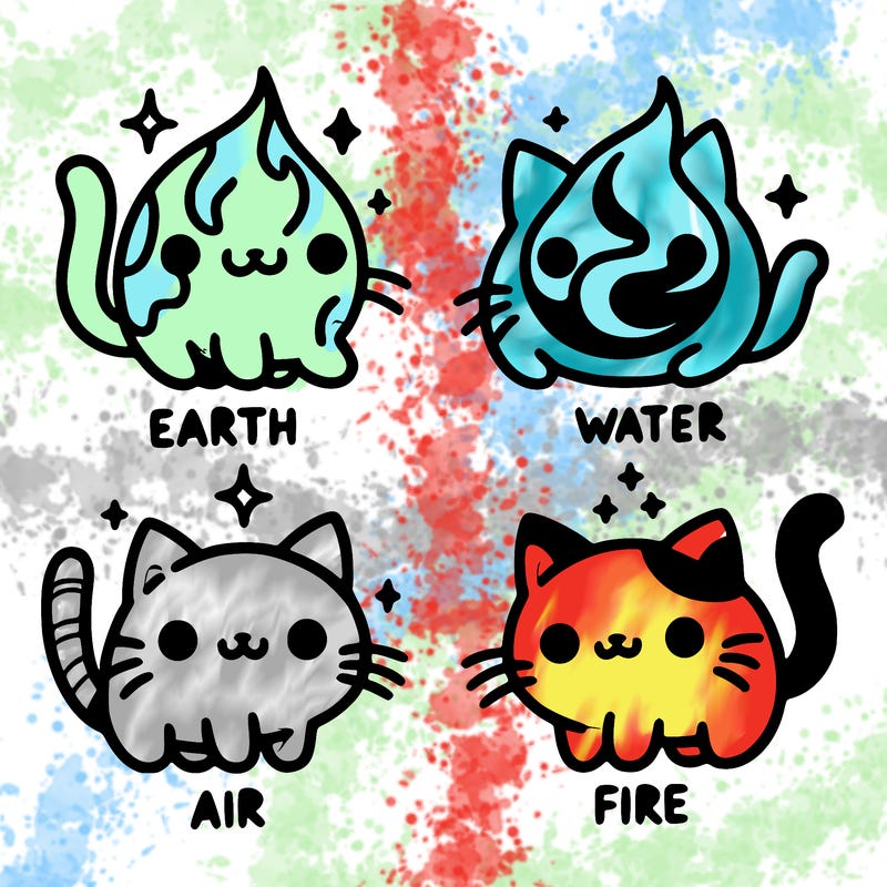 4 cats that represent the different elements, earth, water, air, and fire