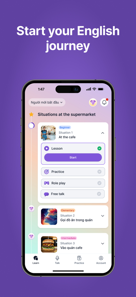 Speak & Learn English SpokziAI - SpokziAI app screen showing a list of English speaking lessons for beginner to intermediate levels.