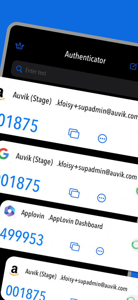 カスタムアイコン付きの複数の安全なアカウント確認コードを示す2FAオーセンティケーターアプリのインターフェース