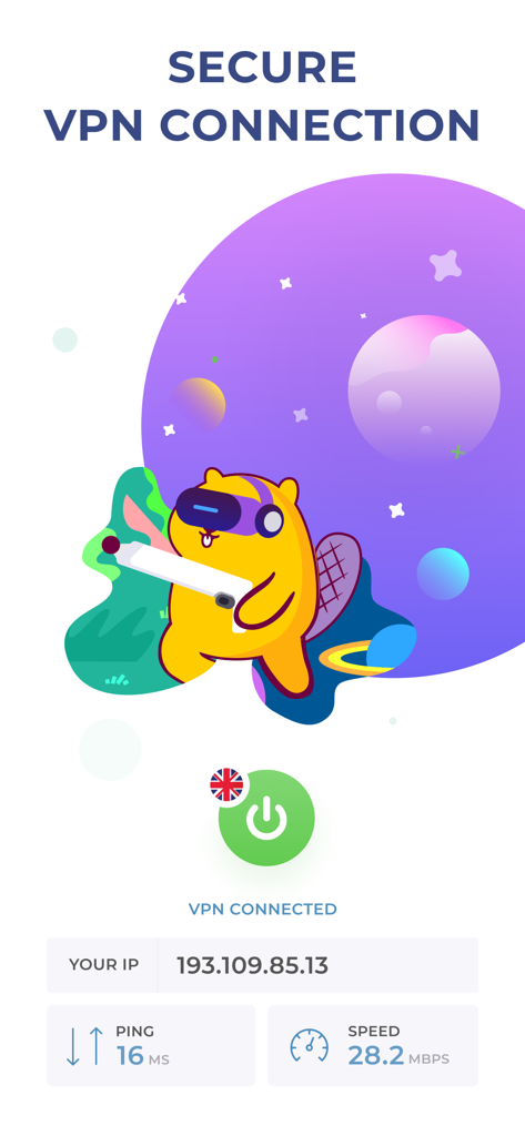 VPN Master Secure VPN proxy - Interfaccia dell'app Beaver VPN che mostra lo stato di connessione sicura con indirizzo IP, ping e metriche di velocità