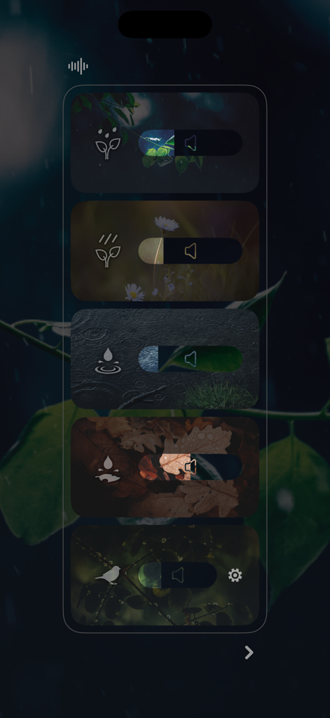 Somewhere - Rain Sound ASMR - Una lista vertical de opciones de sonidos de la naturaleza con deslizadores de volumen individuales en la interfaz de la aplicación Somewhere.