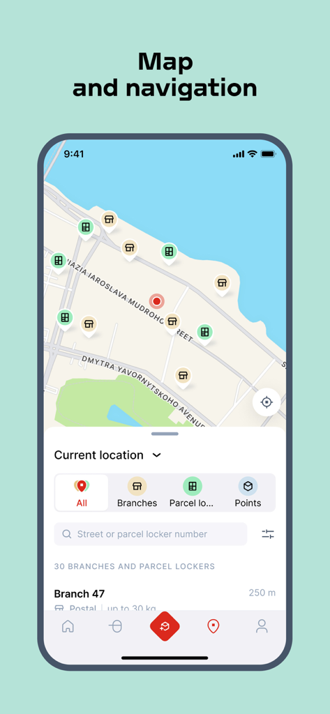 Nova Post - Nova Post app screen showing a map with pins for service branches and parcel lockers nearby.