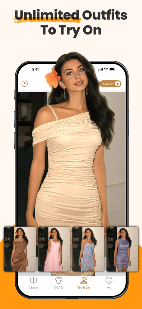 DLOOK: AI Fashion Stylist - A mobile screen from the DLOOK app showing a woman virtually trying on various elegant dresses using AI fashion technology.