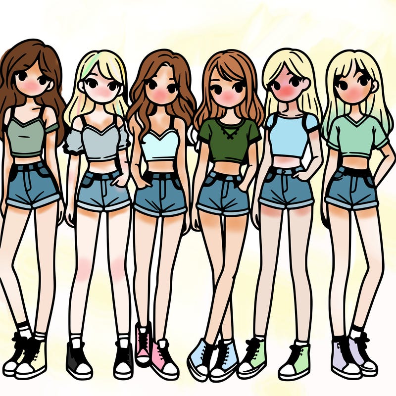 a group of girls wearing crop tops and shorts