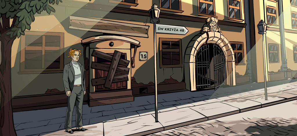 Parallel Experiment - Une illustration de bande dessinée style noir du détective Ally debout dans une rue de la ville à côté d'un bâtiment muré.