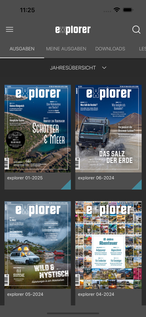 EXPLORER Magazin - Interface of the EXPLORER Magazin app displaying a grid of digital issues featuring 4x4 overlanding vehicles and travel guides.