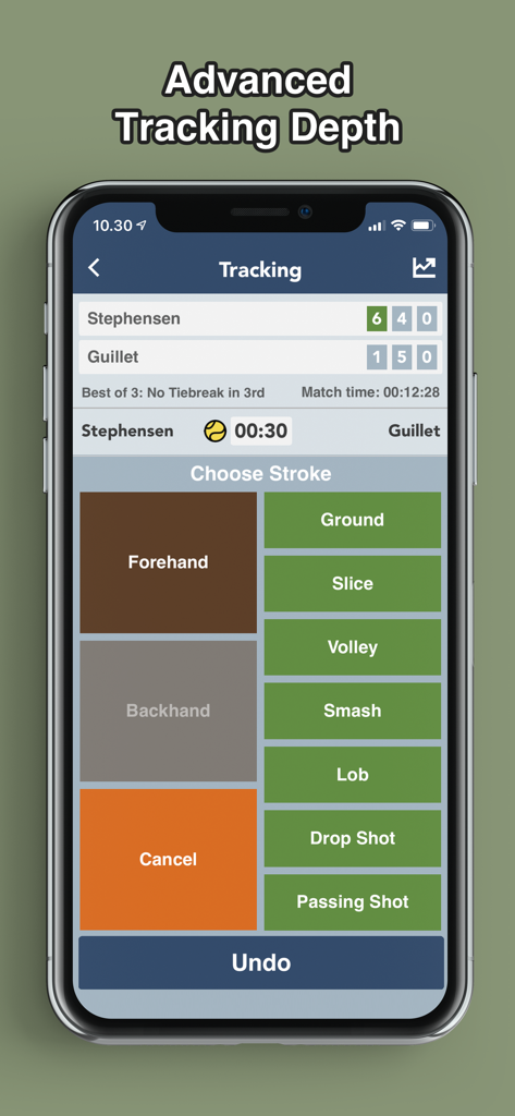Tennis Match Tracker - Interfaz de la aplicación Rastreador de Partidos de Tenis mostrando opciones para rastrear golpes de tenis específicos como derecha, revés y voleas
