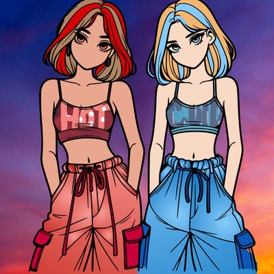 two girls with crop top with baggy pants