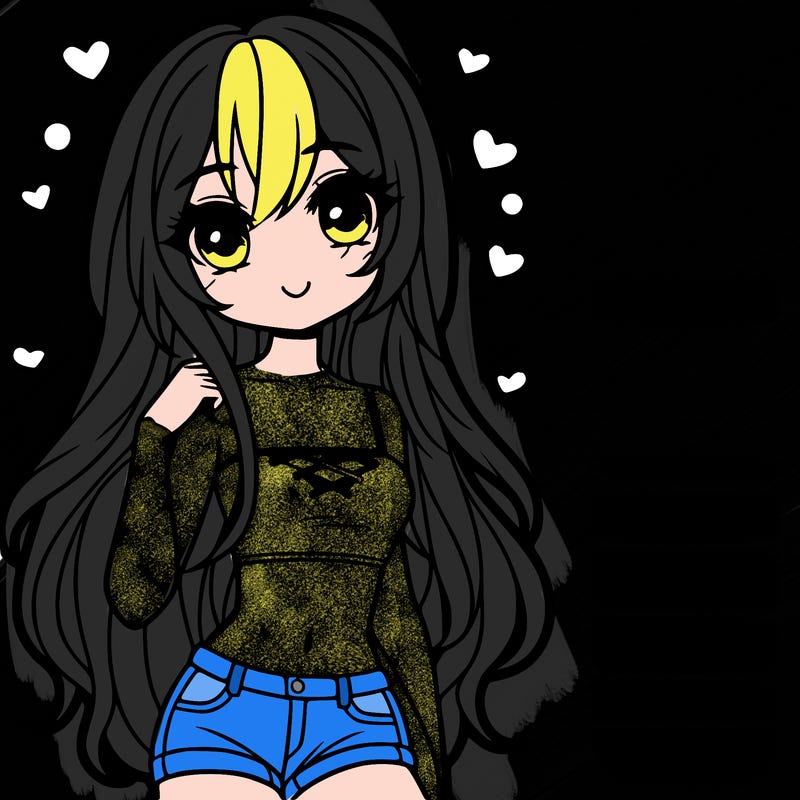 cute anime girl in crop top with shorts long hair