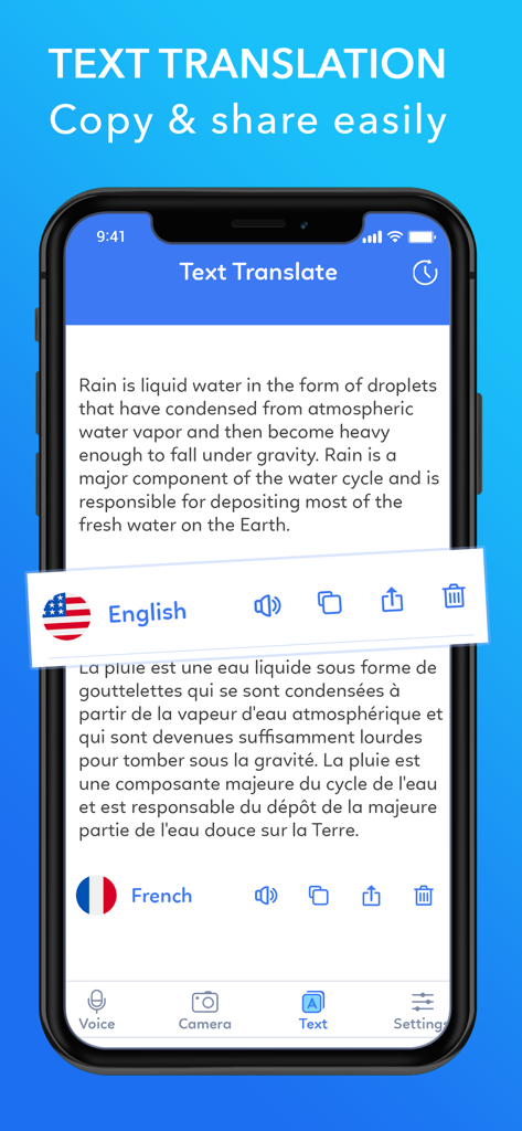 Translator : Voice Translate - Screenshot der Übersetzer-App, die eine Textübersetzung von Englisch nach Französisch mit Optionen zum Kopieren und Teilen zeigt