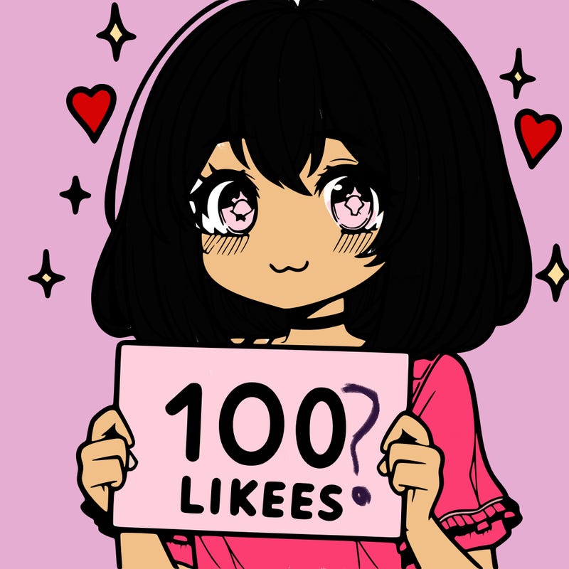 anima girl holding a 100 likes sign in her hand