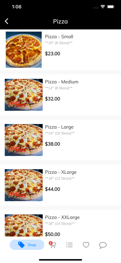 Menú de la app Moe's Pizza que muestra opciones de pizza de tamaño pequeño a extra grande y precios.