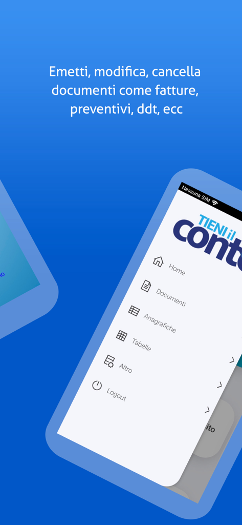 Tieni il Conto - Interface do aplicativo Tieni il Conto mostrando o menu de navegação para faturas e documentos comerciais