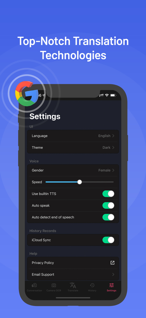 Tela de configurações do app Translator X PRO mostrando configuração de voz e opções de sincronização do iCloud