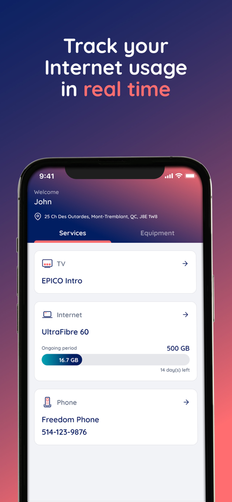 Tableau de bord de l'application Mon Compte Cogeco montrant la consommation de données Internet et les services actifs