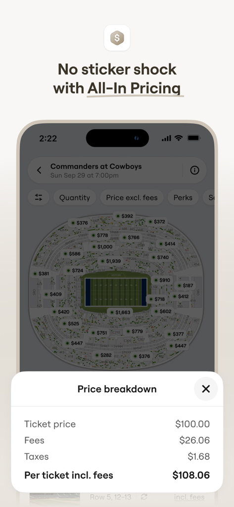 SeatGeek - Buy Event Tickets - SeatGeek app screen showing a detailed price breakdown for sports tickets to provide upfront pricing transparency