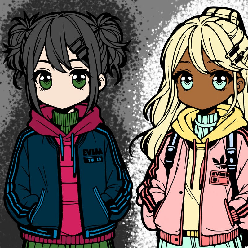 two anime girls wearing streetwear