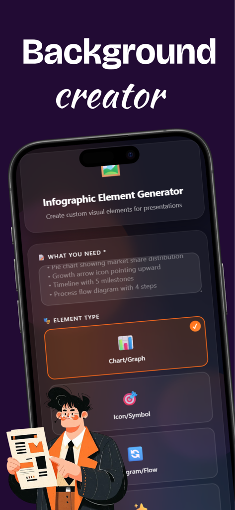 Eine mobile Oberfläche für Pippit AI, die den Infografik-Element-Generator mit Optionen für Diagramme und Icons zeigt.