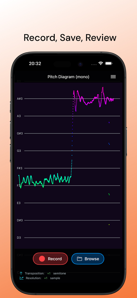 Pitch Diagram: Vocal Tuner - Pitch Diagram app interface showing a real-time scrolling pitch graph and recording controls