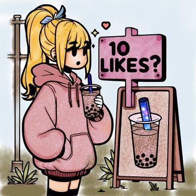 girl with oversized hoodie drinking boba and she has a high ponytail with a sign that says 10likes?