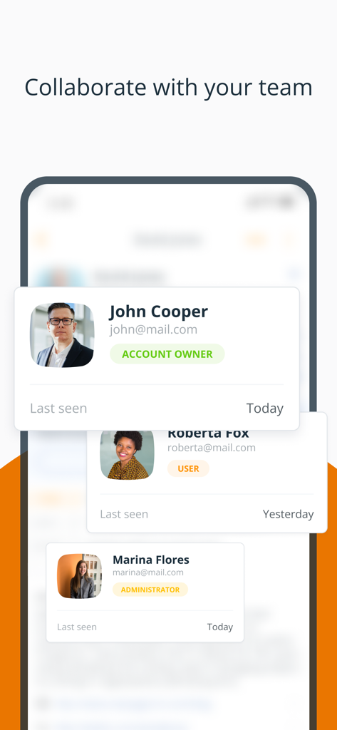 OnePageCRM - Simple CRM System - OnePageCRM mobile app screen showing team collaboration and user roles