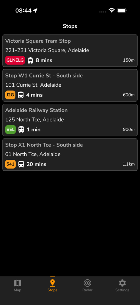 Adelaide Metro: Should I Run? - Real-time arrival times for buses, trains, and trams at various Adelaide Metro stops in the Should I Run app.