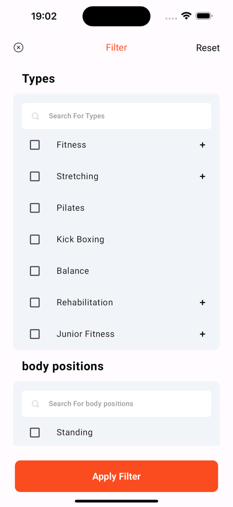 Filter screen of PopFit Max app with options for workout types and body positions