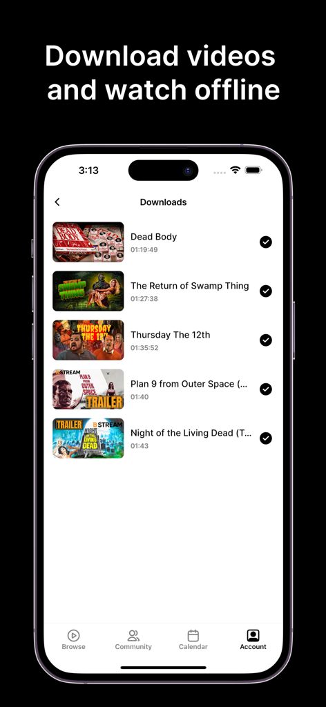 The B Stream - The B Stream app downloads screen displaying a list of cult horror movies saved for offline viewing.